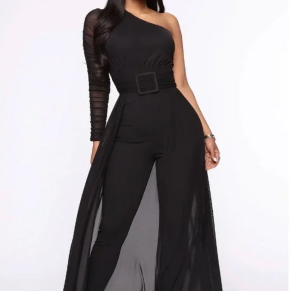 Fashion Nova Mesh Black One Shoulder Jumpsuit